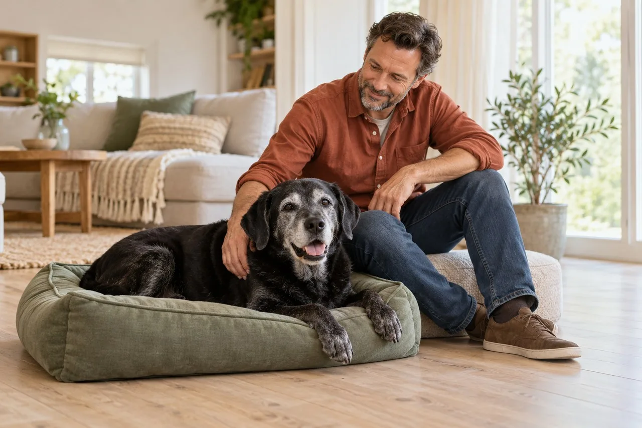 Gray-muzzled black dog resting on a green floor bed beside its owner